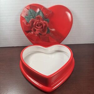 Teleflora Ceramic Red Heart Jewelry Trinket Box Rose Bow 6”‎ X 6.5” X 1-3/4” EUC